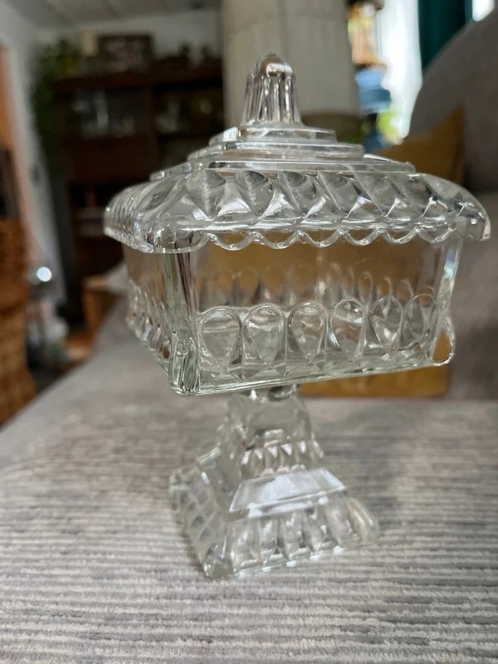 Clear Pressed-Glass Covered Pedestal Candy Dish